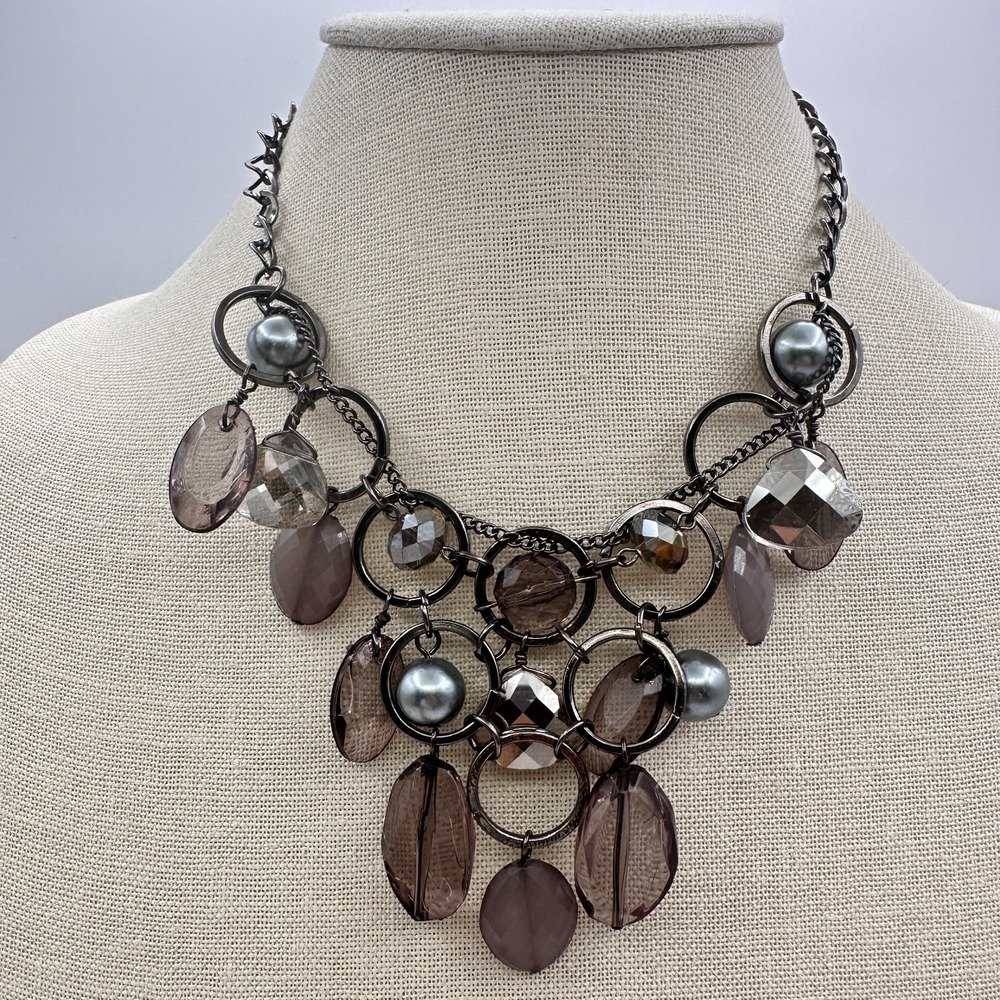 Vintage 90s Gunmetal Faux Pearl Beaded Bib Necklace Women's Jewelry